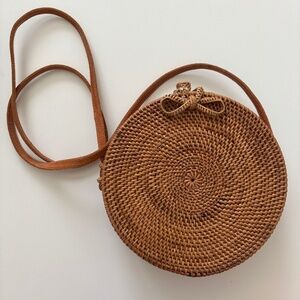 Circle Rattan Raffia Crossbody Purse with Leather Strap